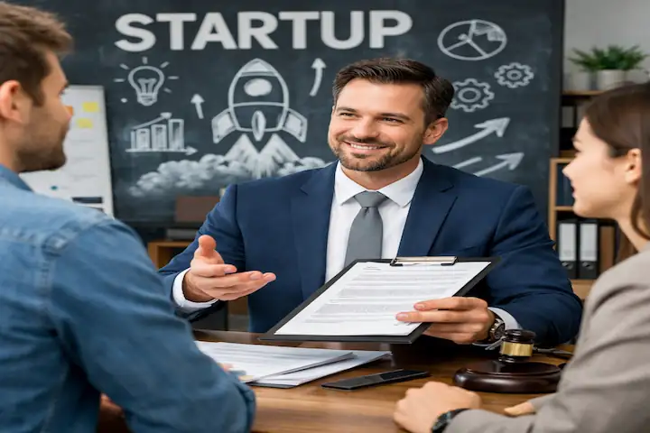Abogado startup asesorando a emprendedores en una oficina moderna durante una reunión legal.