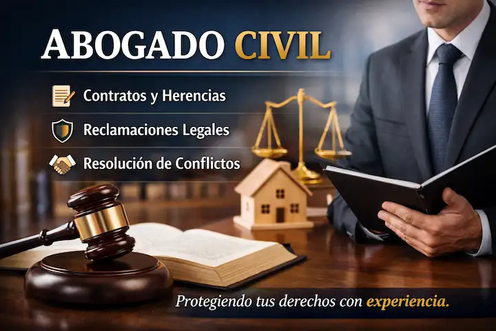 Abogado civil revisando documentos legales junto a un mazo judicial y una balanza de la justicia.