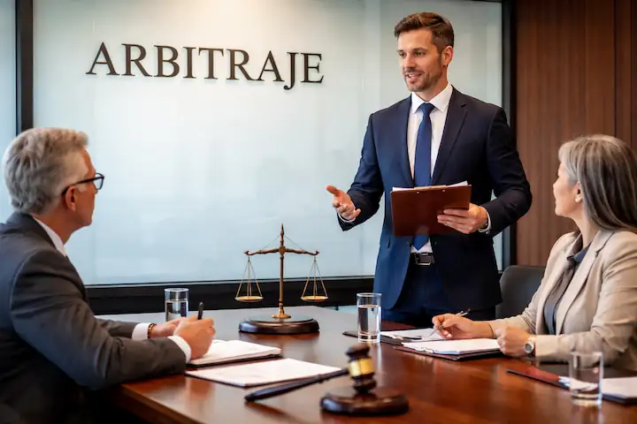 Abogado especializado en arbitraje explicando un proceso de resolución de conflictos en una reunión profesional.